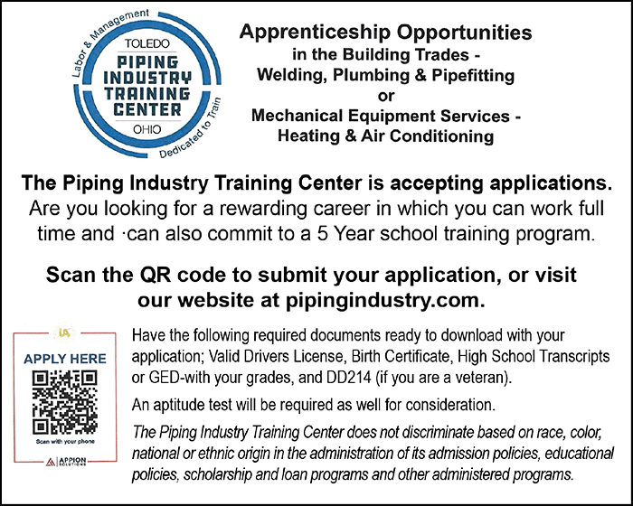 Toledo Piping Industry Training Center Apprenticeship Opportunities